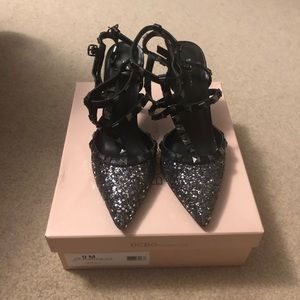 BCBG pewter/black strappy heels size 9.